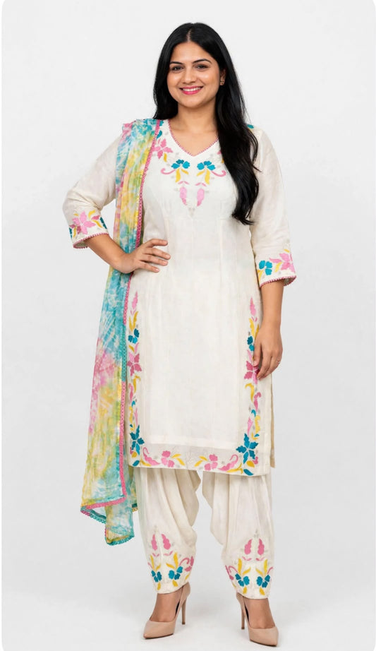Trending Semi party wear salwar suit with thread embroidery on organza base Kameez and rayon salwar paired up with Tiy DIY Chiffon duppta - Colour : White & Multi ( Code  : 034 )