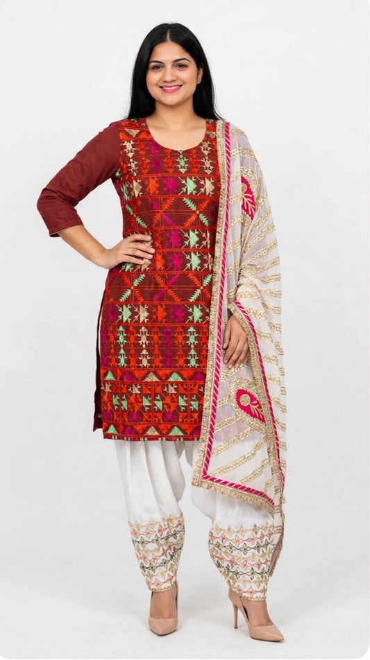 Traditional Punjabi Suit with Real Khadar Embroidered Shirt & Crape Gotta Patti salwar paired with designer Gota pata duppta - ( Code :  033 )