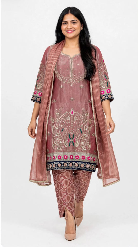 Most Premium suit with designer Kahn Khab o any & Pure silk heavy ahd work shirt paired up with designer silk duppta - Colour : Dusty Rose  ( Code :  032 )