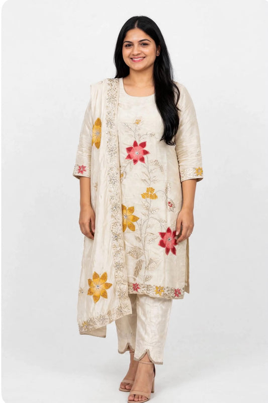 Designer party wear shimmer silk kameez and duppta detailed with sawaroski Handwork paired up with designer plazo - Colour : Beige + Multi ( Code - 030 )