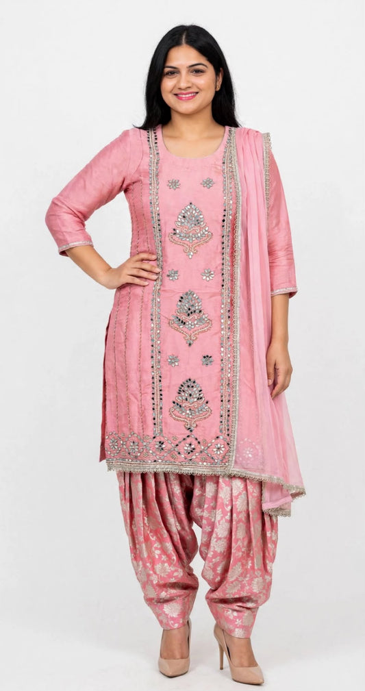 Mirror work shimmer silk Suit with designer Banarsi straight salwar  With Chiffon duppta ( Not Chinon ) - Colour : Carrot Pink   ( Code : 025 )