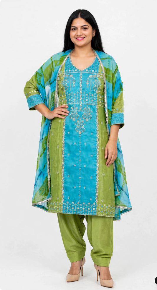 Shimmer silk base Hand+ Tilla mixed embroidery with crape salwar paired up with Tiy & DIY soft organza based duppta - Colour : Apple Green+ Sky ( Code : 022 )