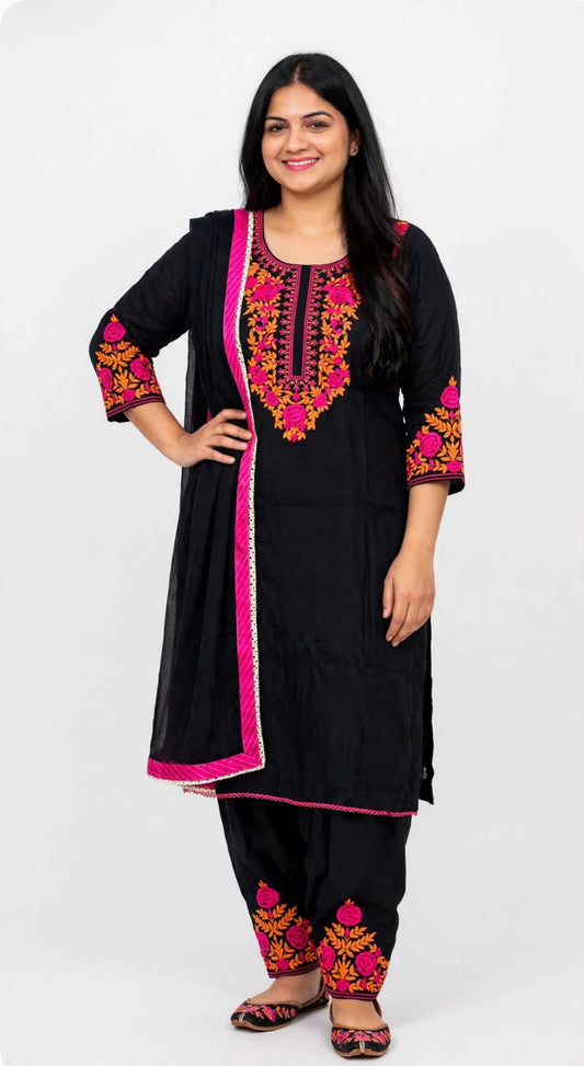 Kashmiri work pure organza silk bases thread embroidered kameez with crape salwar paired up with designer lace enhance duppta - colour : Black  ( Code : 015 )