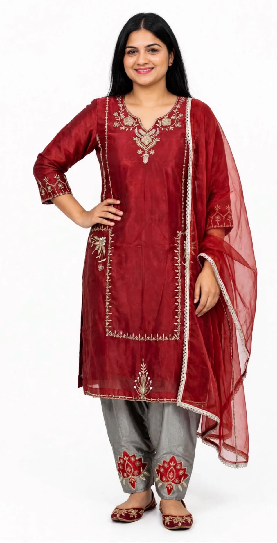 Semi party wear suit in semi glass tissue duppta and  kameez with machine embroidery + handtouch paired up semi tissue salwar - Colour : Rust + Grey ( Code: 012 )