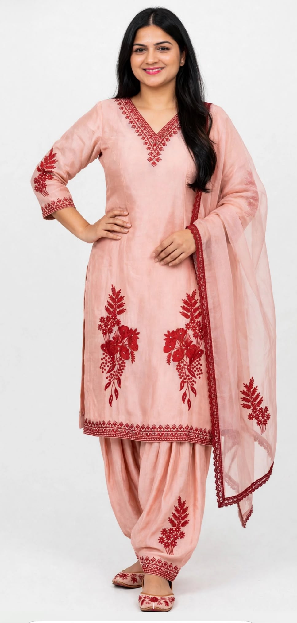 Thread emboriderd organza base kameez with rayon salwar paired up with thread embroidered duppta - Colour : Pastel
Peach + Maroon ( Code : 09 )