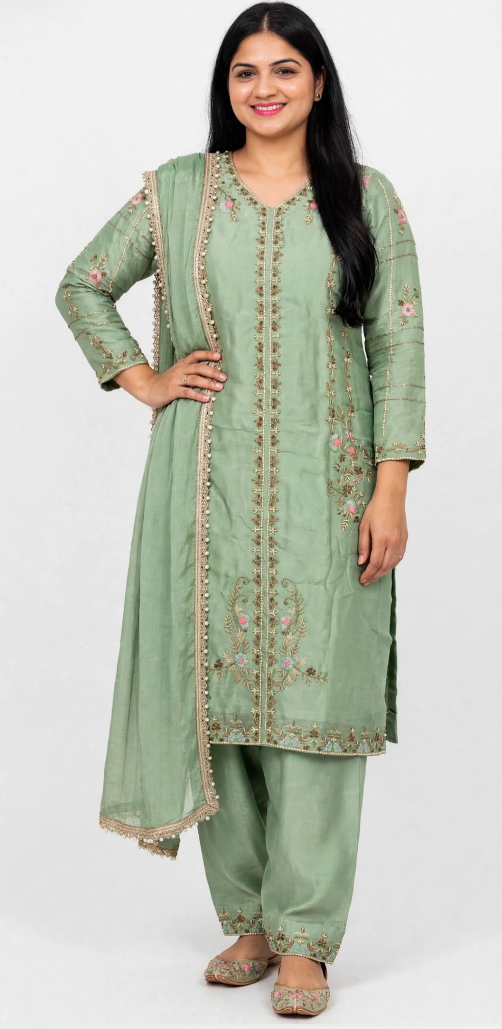 Premium pure silk base heavy handwork salwar suit with Crape salwar paired up with Chinon duppta : Colour : Pista ( Code : 08 )