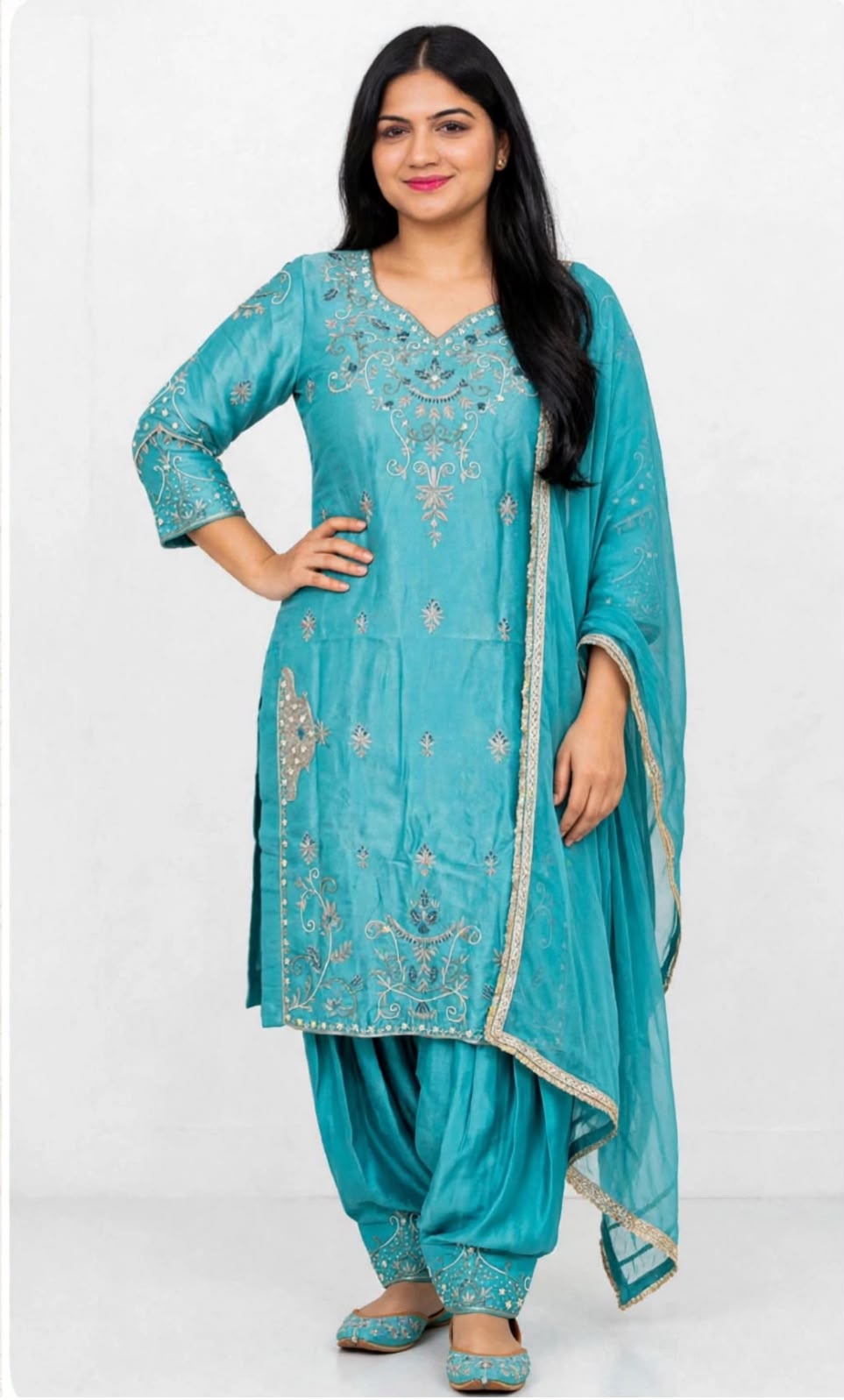 Premium PC - Silk Base heavy handwork designer salwar suit with silk duppta : Colour - Light Bkue ( Code - 06 )