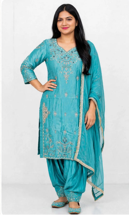 Premium PC - Silk Base heavy handwork designer salwar suit with silk duppta : Colour - Light Bkue ( Code - 06 )