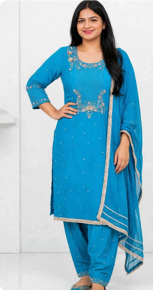 Girlish look handwork party wear suit on pure organza base kameez paired up with Handwork silk
Bottom with soft organza duppta : Colour - firozi ( Code
:  05 )