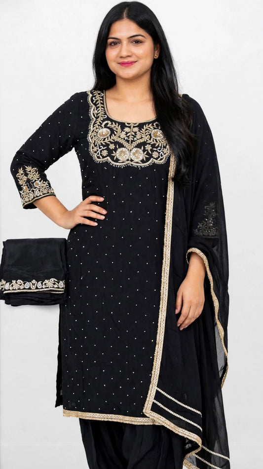 Pure crape based handwork suit paired up with lace enhanced pure organza silk soft duppta ( Girlsih Look ) Colour - Black
( Code : 04 )