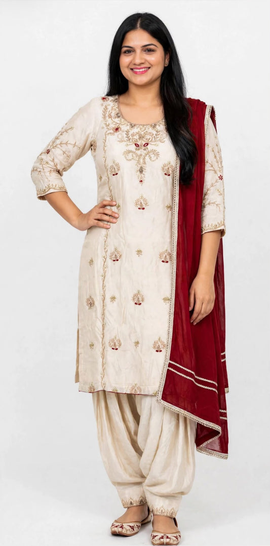 Pure  organza base  heavy Handwork Kameez with pure crape handwork salwar paired up with lace enhanced soft tabby Duppata - Colour: Beige + Maroon ( Code: 03 )