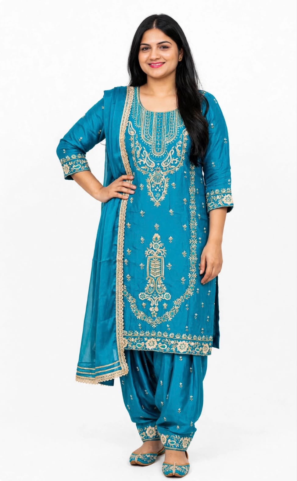 Heavy Handwork organza silk based kameez enhanced with Pure crape handwork salwar paired up soft lace work duppta - Colour : Bright Firozi ( Code -  01 )