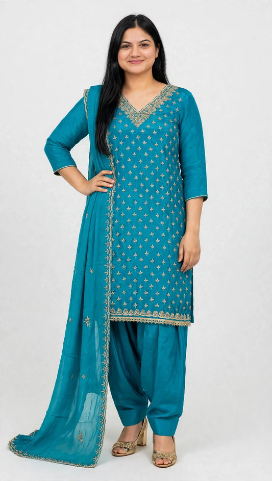 Firozi Crape based salwar suit with Chinon Base Duppata - Suit and Duppata has Jarkann Work - Code 094