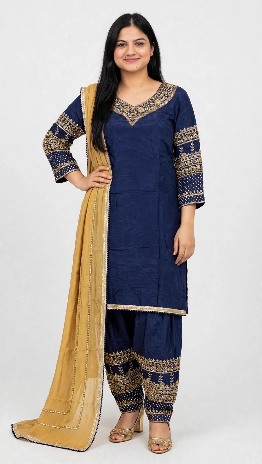 Unique designer Pure crape based suit with Heavy salwar and pure chinon duppta - Colour : Navy blue + Biscotti ( Code: 112 )