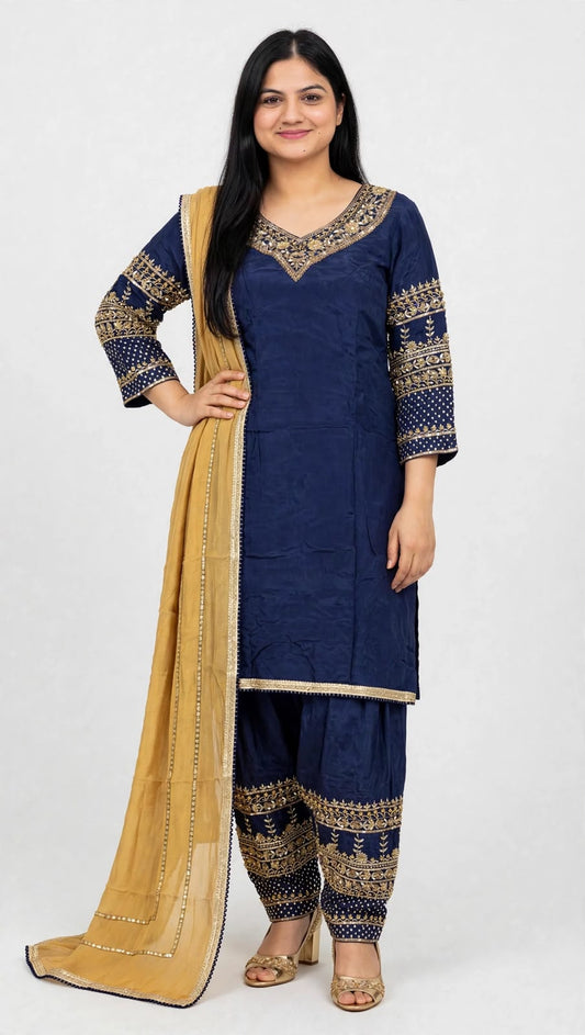 Unique designer Pure crape based suit with Heavy salwar and pure chinon duppta - Colour : Navy blue + Biscotti ( Code: 112 )