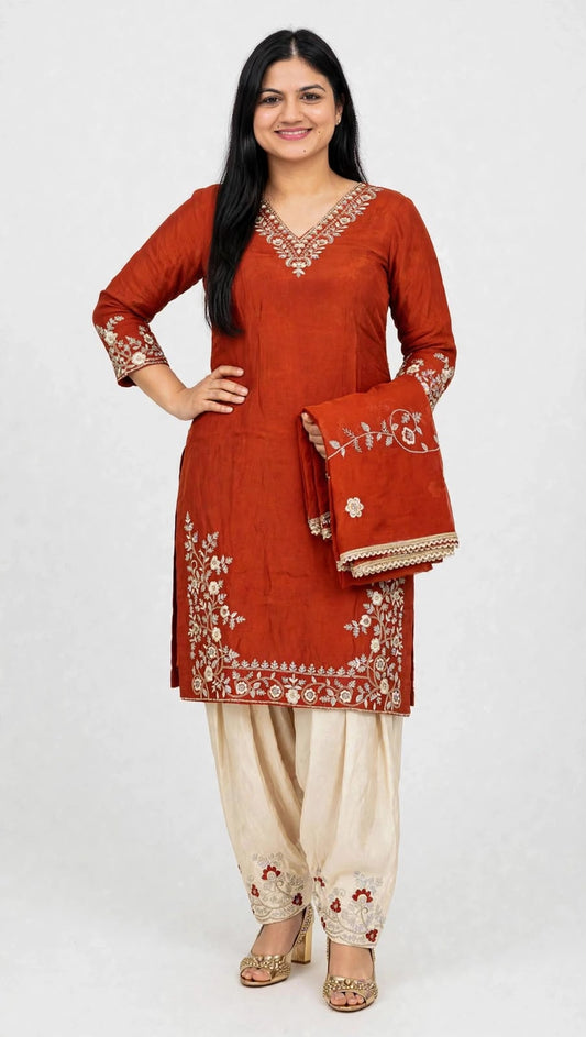 Organza based rust suit with hand and Tilla embroidery with silk beige bottom with embrodiered organza Duppata - Code 109