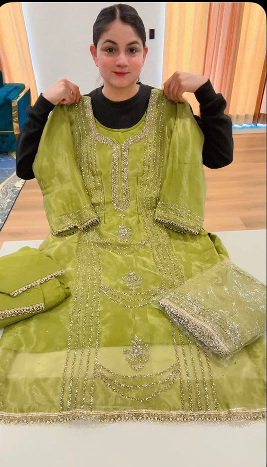 Handwork on Glass tissue ( Colour Light Green ) - Code: 616