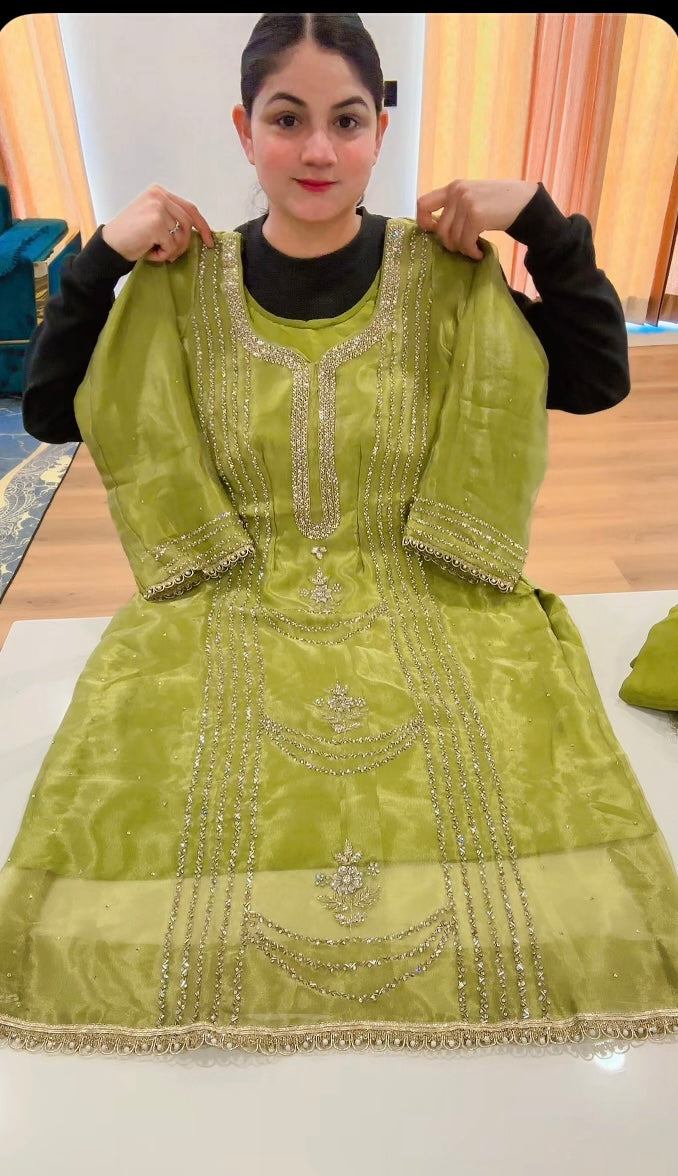 Handwork on Glass tissue ( Colour Light Green ) - Code: 616