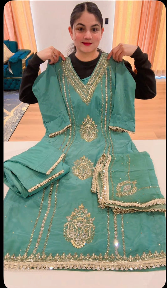 Handwork Natural crepe silk suit with chiffon Duppata ( Colour : Sea blue ) - Code: 622