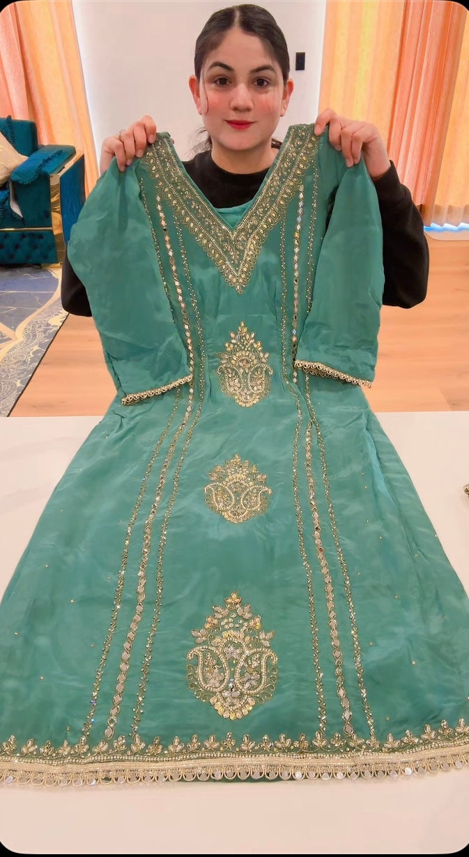 Handwork Natural crepe silk suit with chiffon Duppata ( Colour : Sea blue ) - Code: 622
