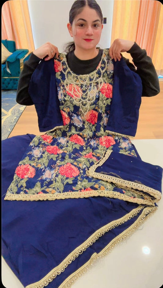Handwork crepe Sharara suit ( Colour - Navy Blue ) Code: 617