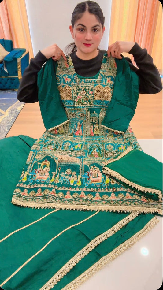 Embroidered Sharara suit on crepe  ( Colour - Peacock Green )- Code: 621