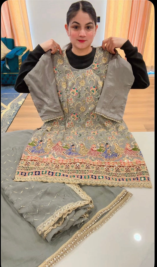 Embroidered Sharara suit on crepe with Santoon Sharara ( Colour: Grey ) - Code: 620