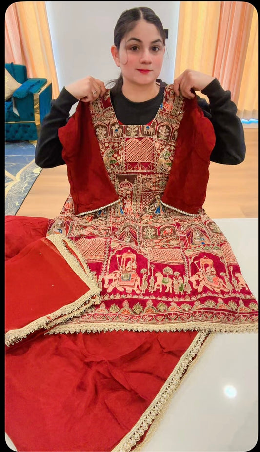 Embroidered Sharara suit on crepe ( Colour : Maroon ) - Code: 619