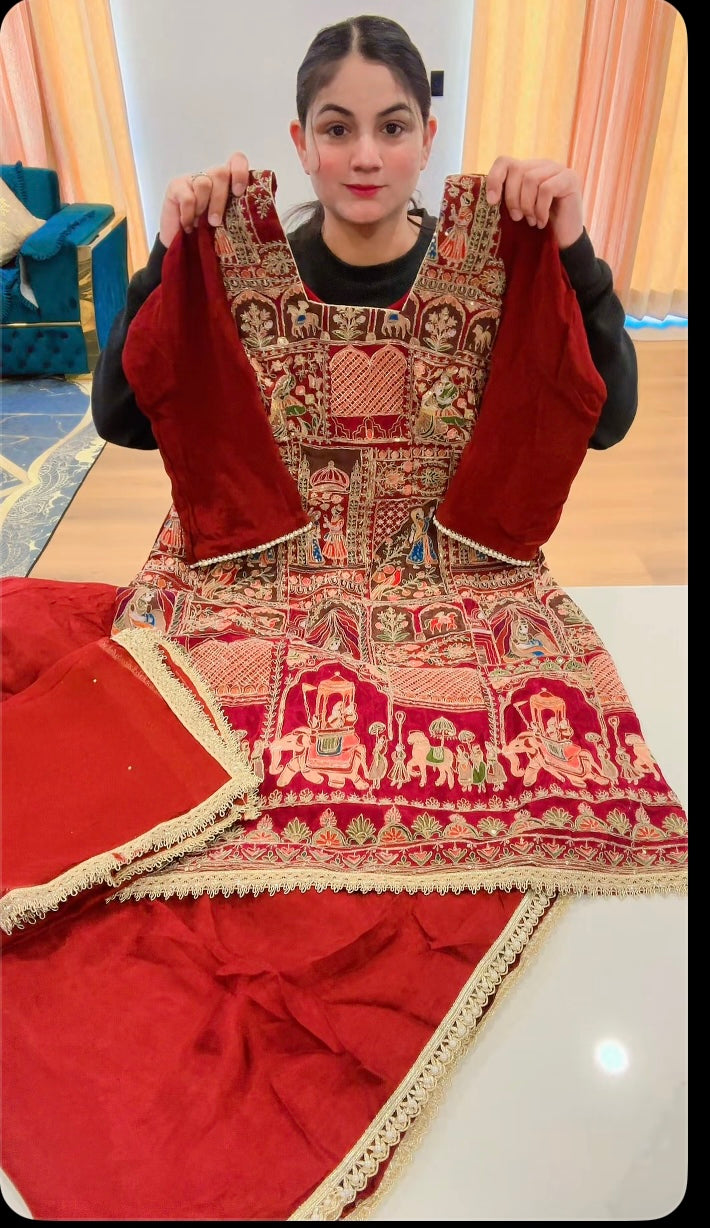 Embroidered Sharara suit on crepe ( Colour : Maroon ) - Code: 619