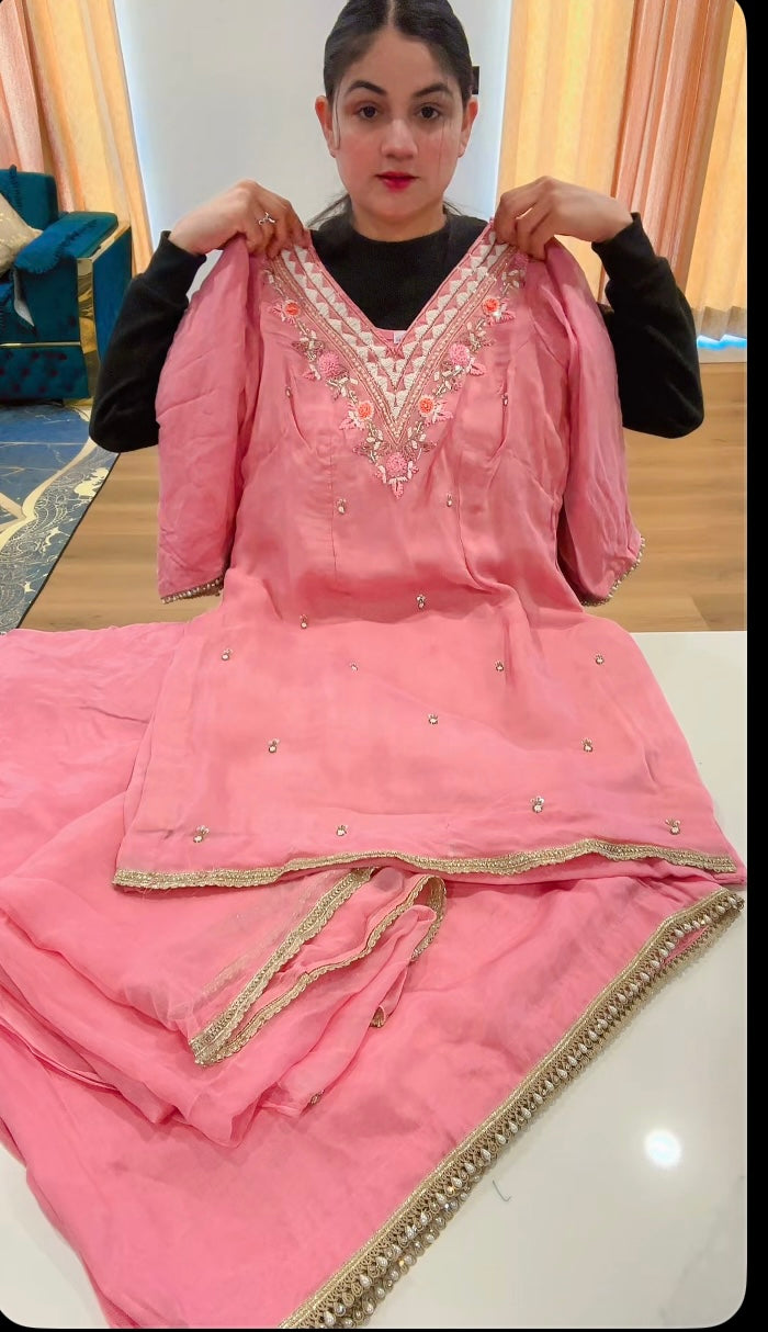 Handwork sharara suit on organza with simple chiffon duppta - Code: 626