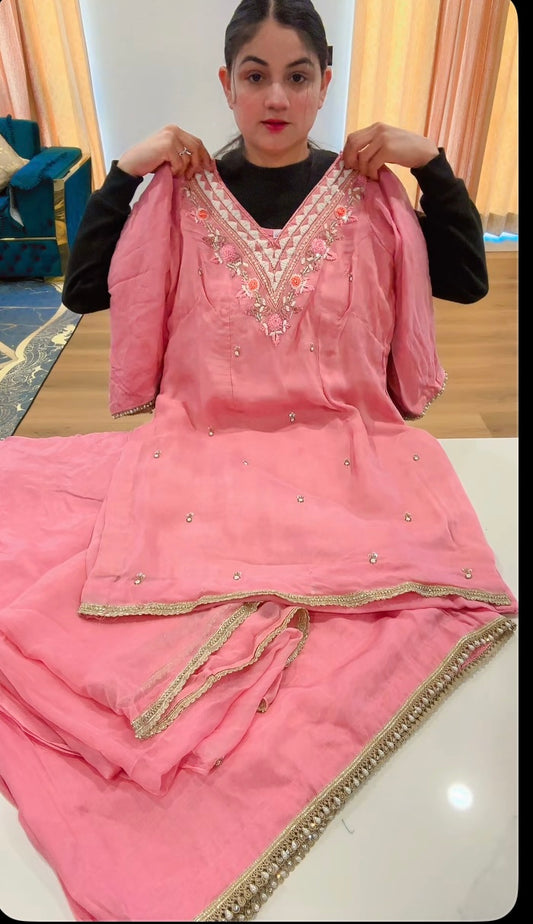Handwork sharara suit on organza with simple chiffon duppta - Code: 626
