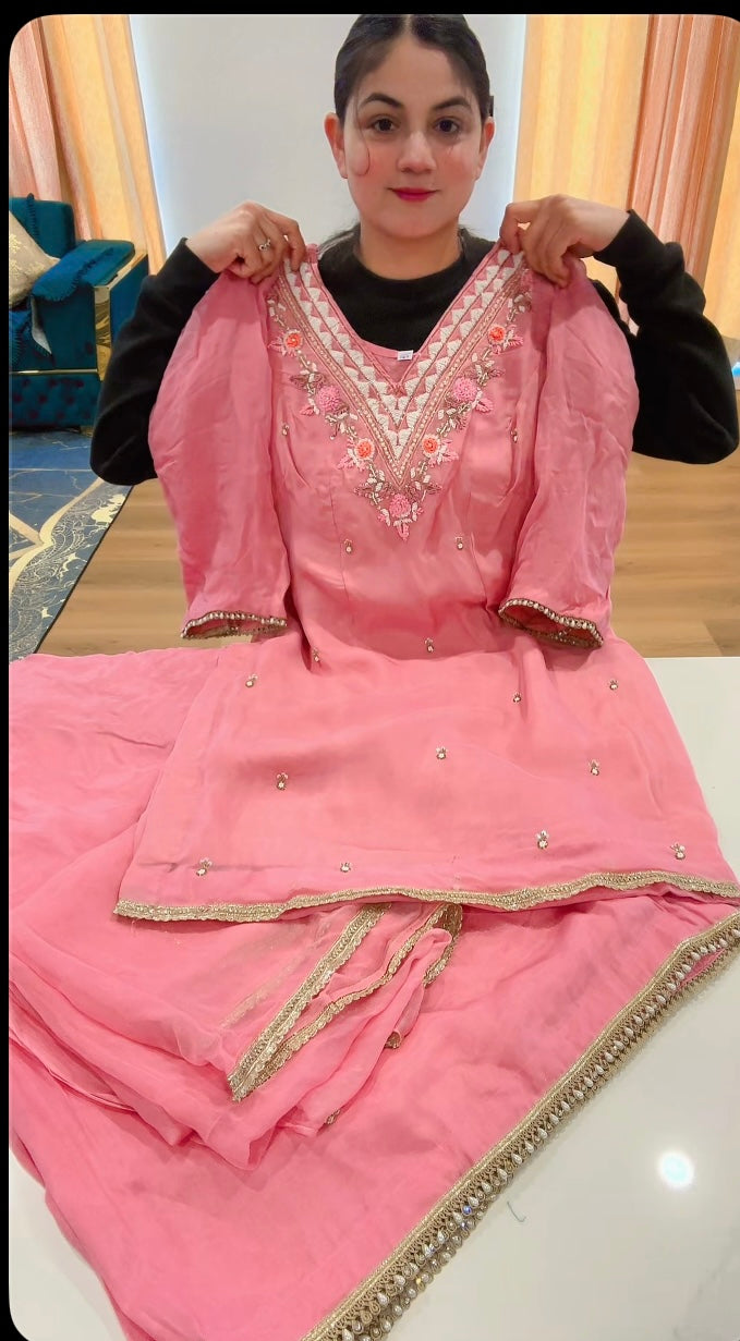 Handwork sharara suit on organza with simple chiffon duppta - Code: 626