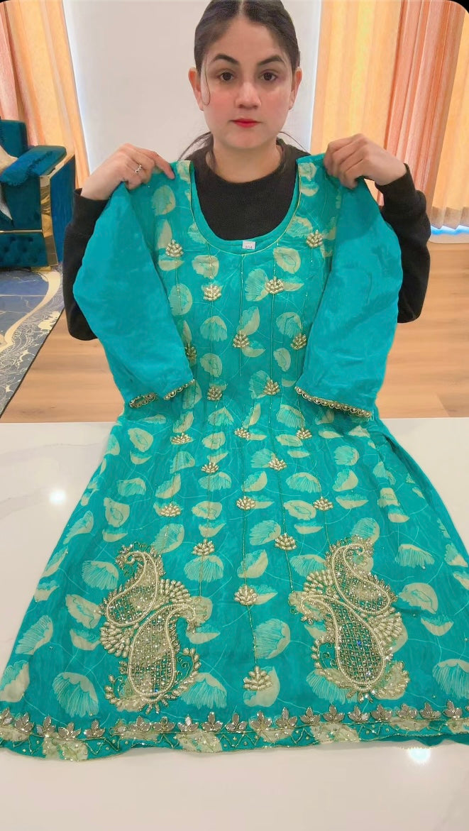 Handwork on digital print , simple chuni with santoon bottom - ( Code: 625 )