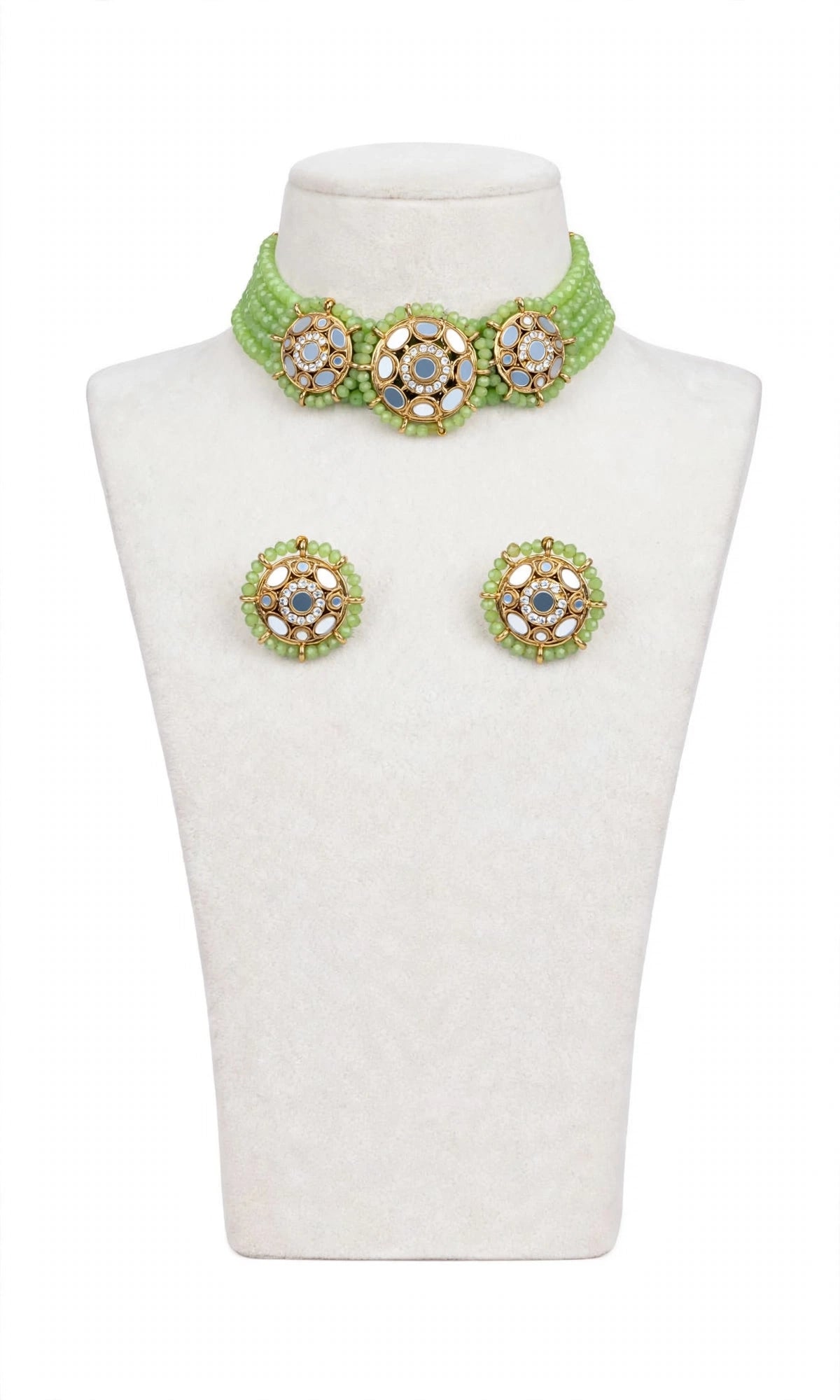 Parrot or Pista colour choker / necklace set with studs in mirror- n67