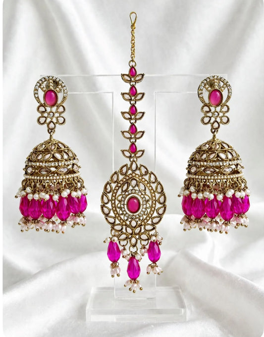 Hot pink earrings with tikka - J22