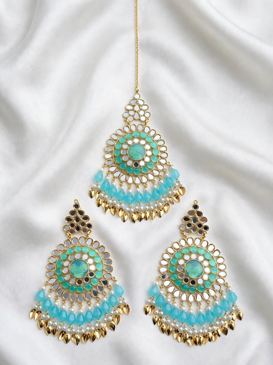 Sky blue earrings and tikka set in mirror with pipal patti