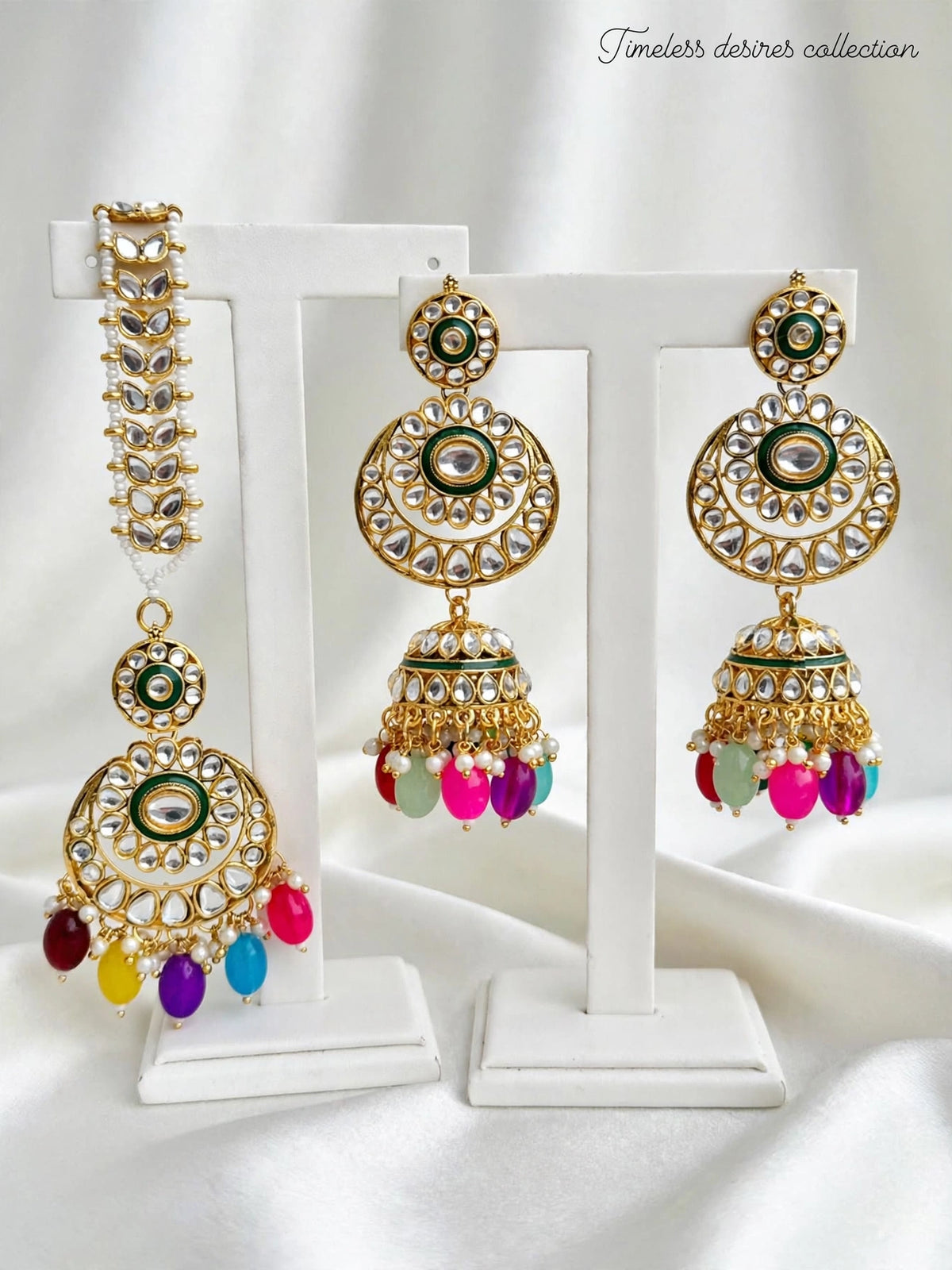 Multi coloured Jhumka earrings with Tikka in uncut Kundan
