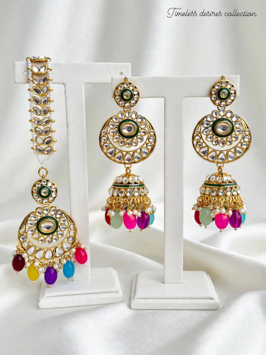 Multi coloured Jhumka earrings with Tikka in uncut Kundan