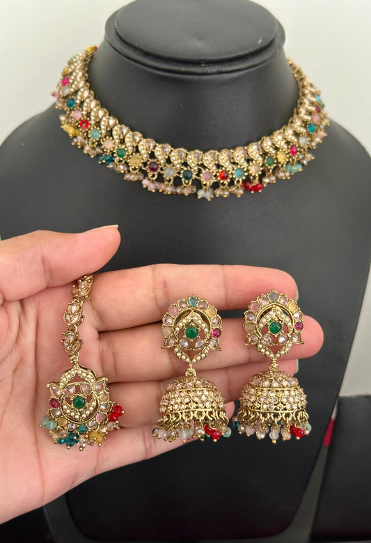 Multi colour necklace set with earrings and tikka, Code: E14