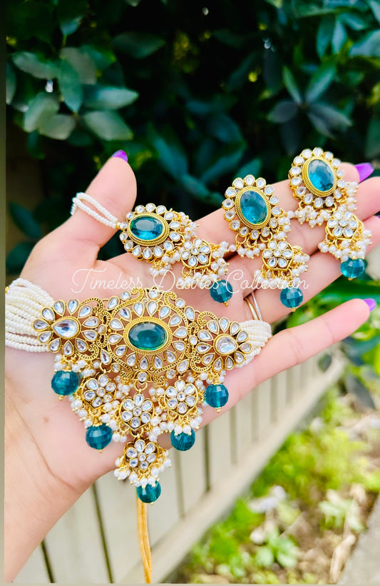 Peacock colour necklace set in high quality antique kundan