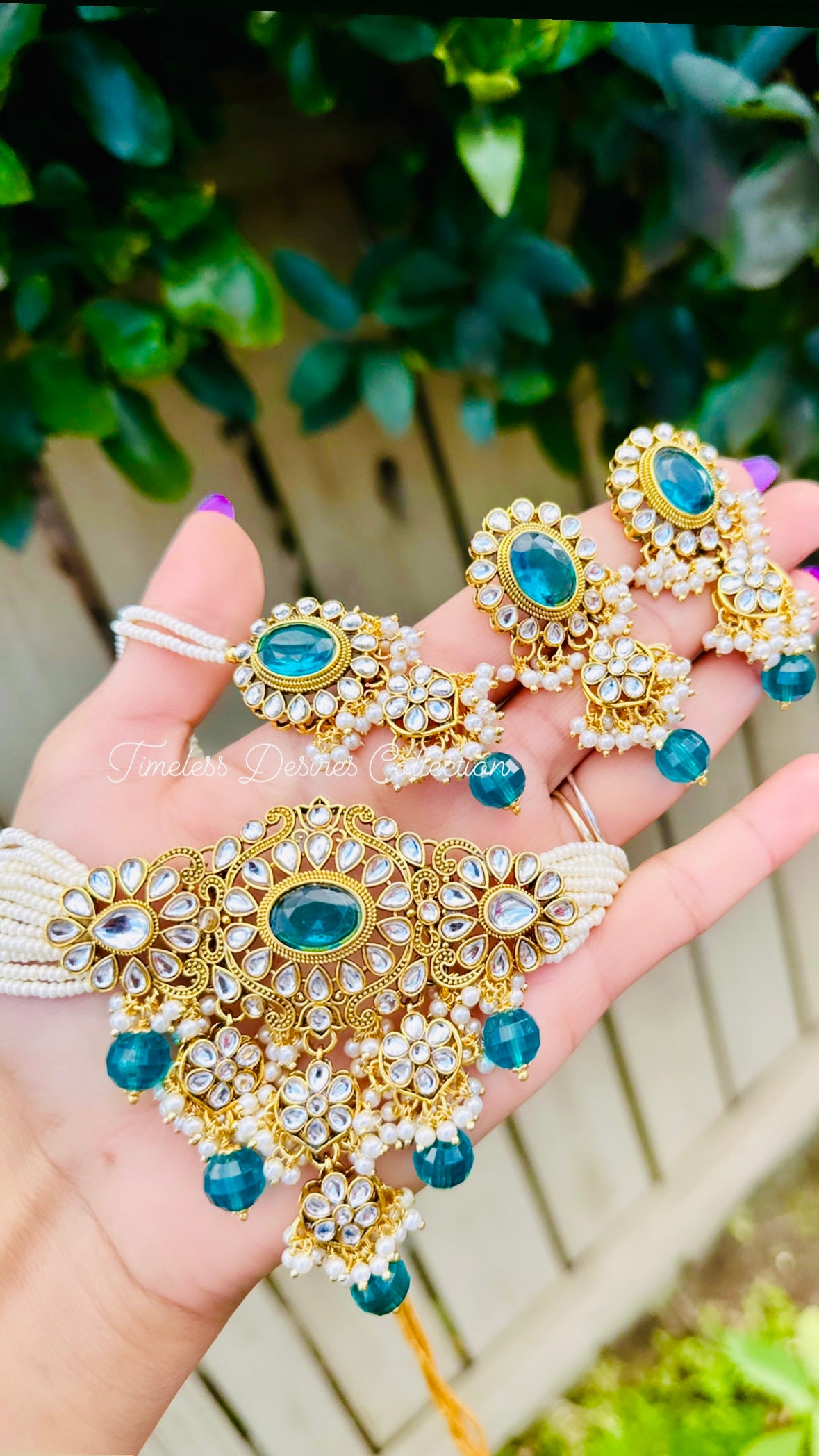 Peacock colour necklace set in high quality antique kundan